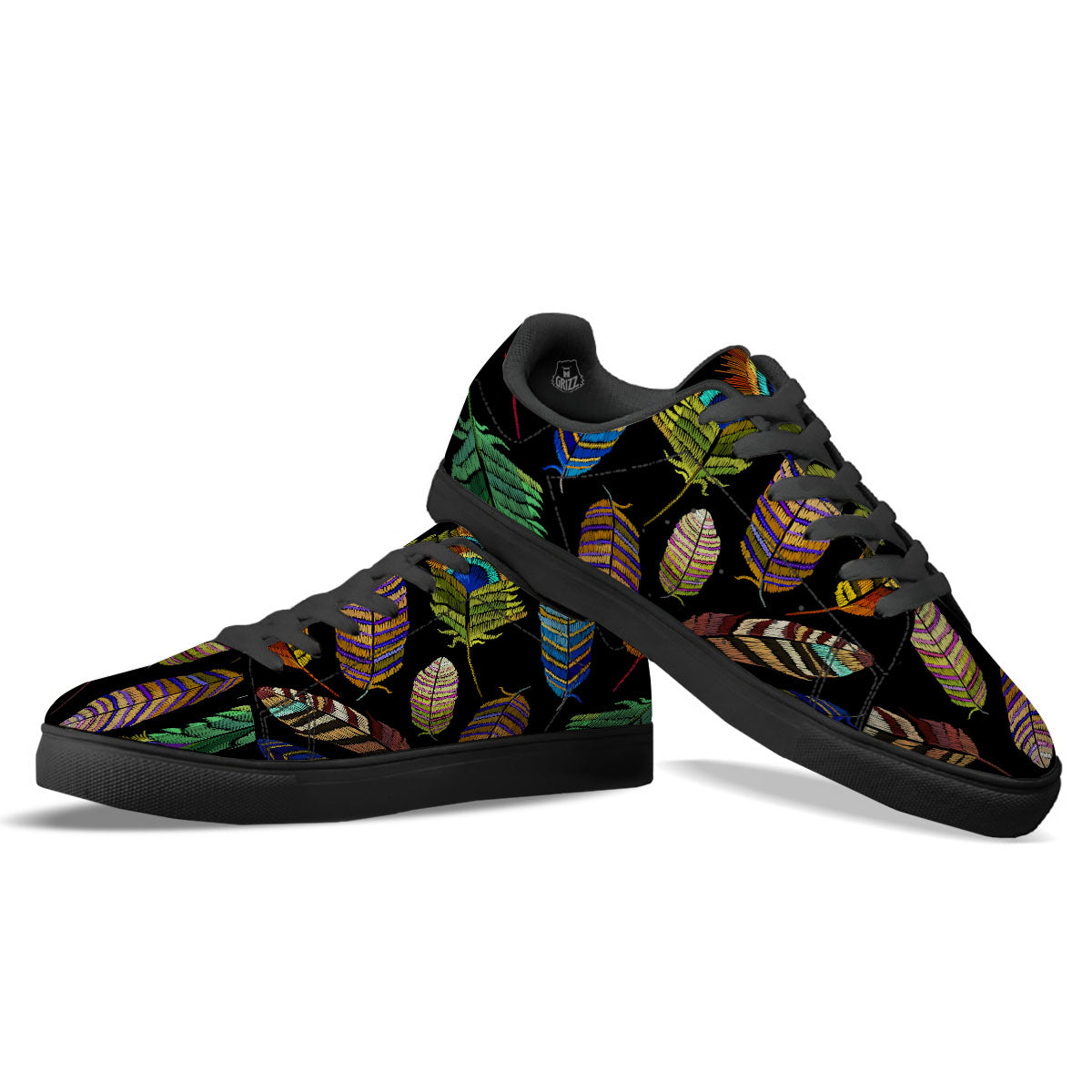Feather Embroidery Peacock Print Black Low Top Sneakers-grizzshop