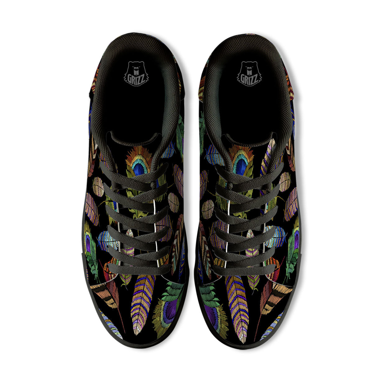 Feather Embroidery Peacock Print Black Low Top Sneakers-grizzshop