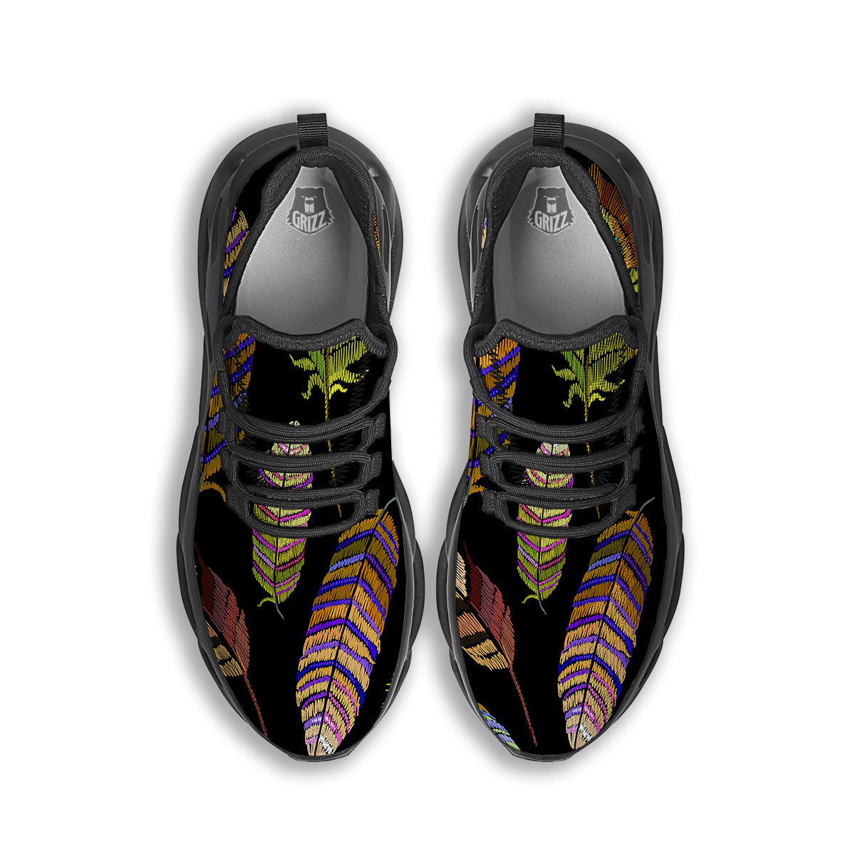 Feather Embroidery Peacock Print Black Running Shoes-grizzshop
