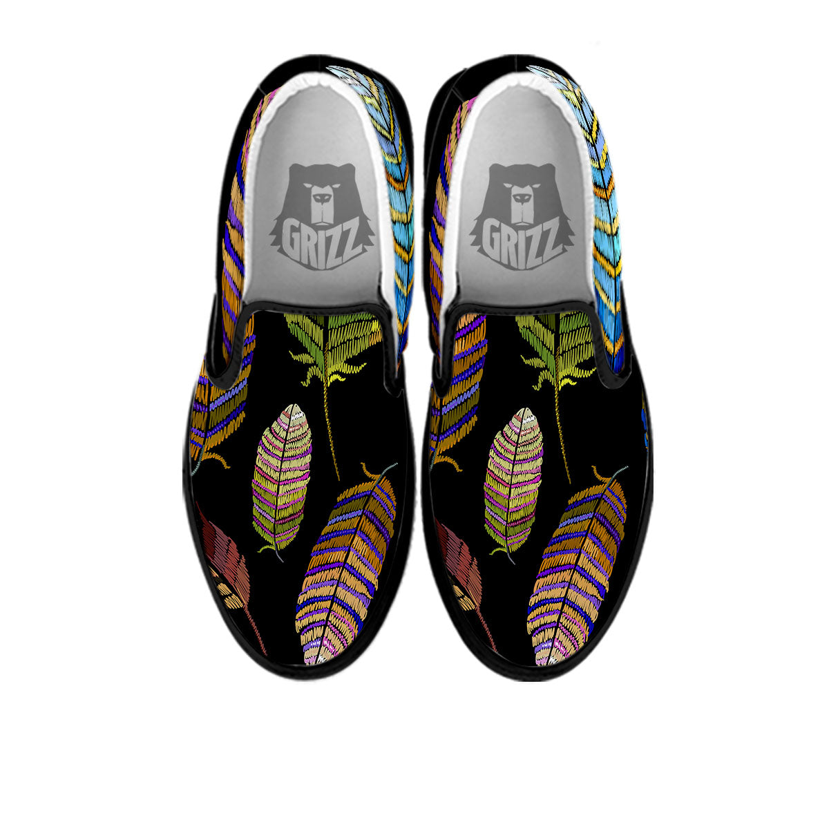 Feather Embroidery Peacock Print Black Slip On Shoes-grizzshop