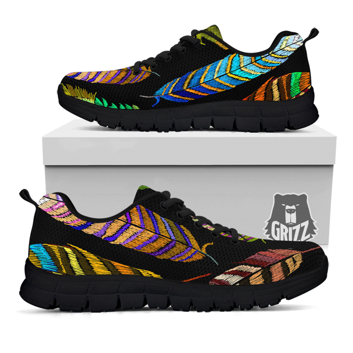 Feather Embroidery Peacock Print Black Sneaker-grizzshop
