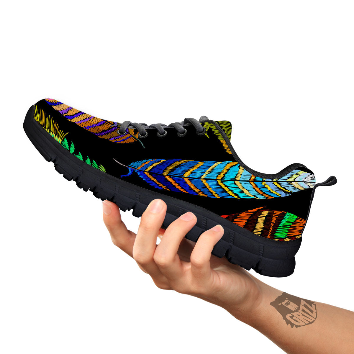 Feather Embroidery Peacock Print Black Sneaker-grizzshop