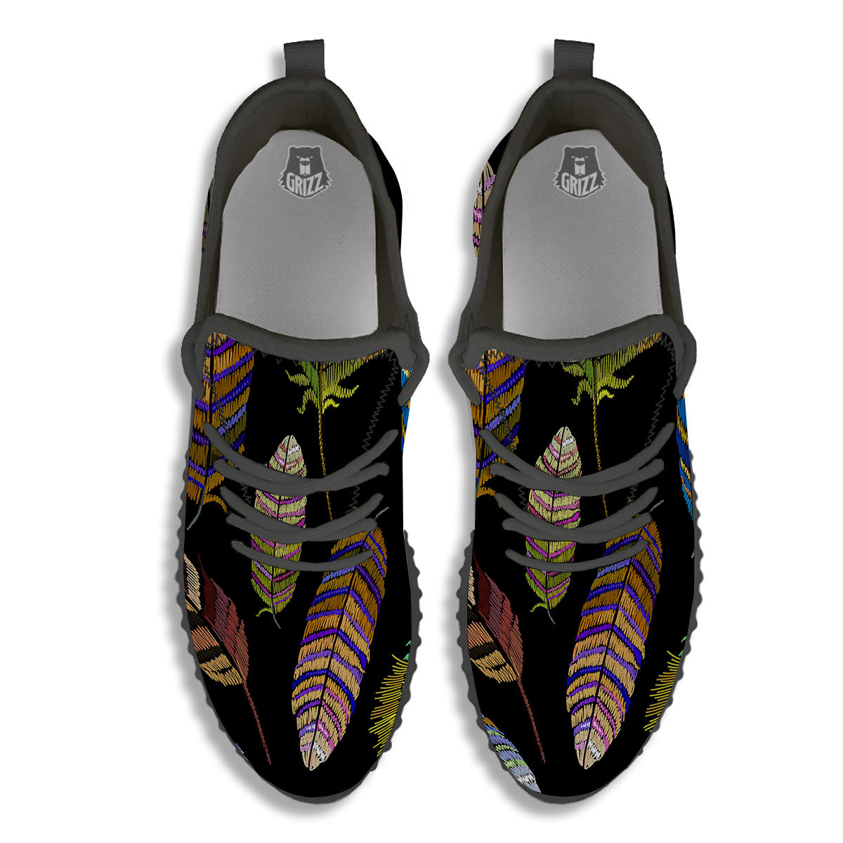 Feather Embroidery Peacock Print Black Walking Shoes-grizzshop