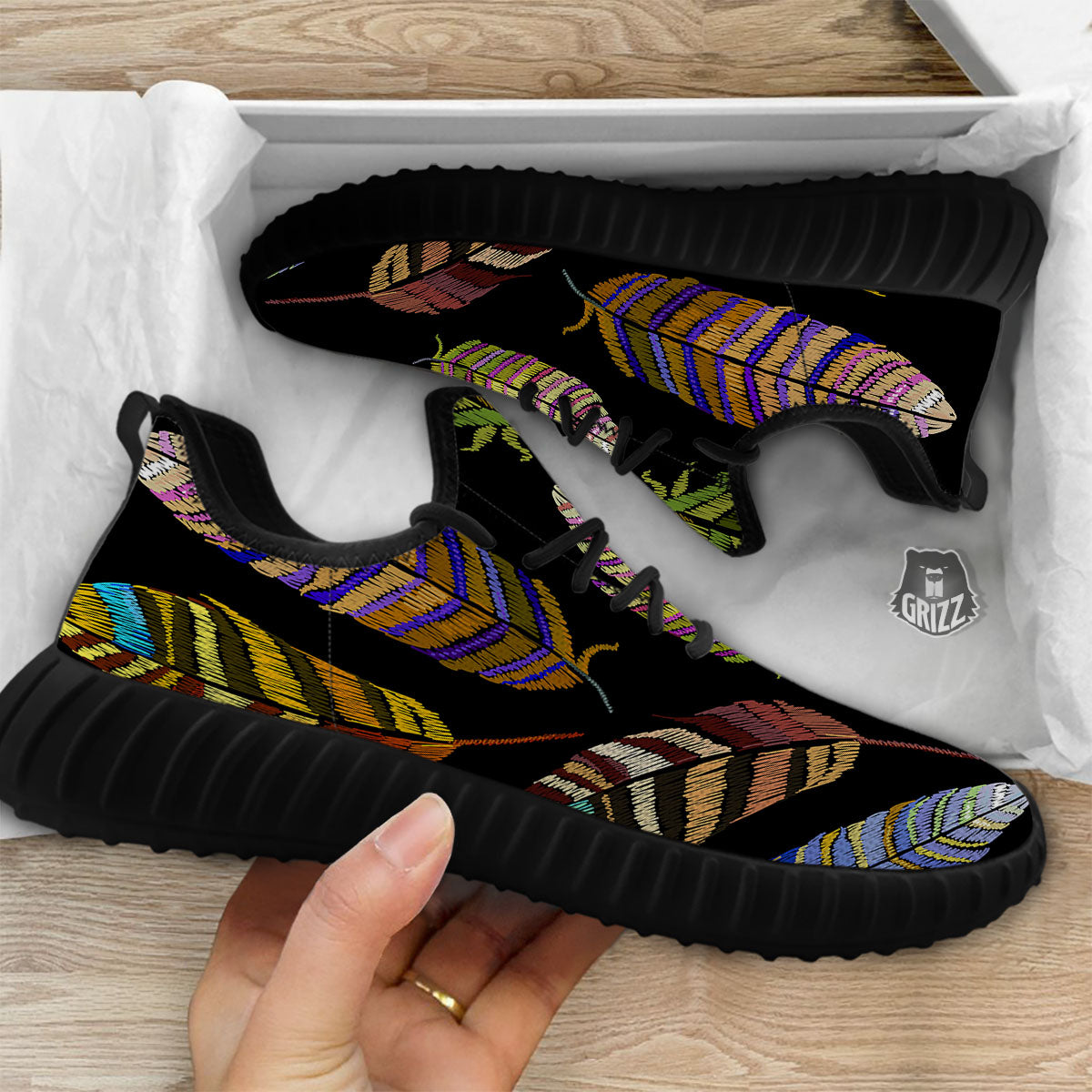 Feather Embroidery Peacock Print Black Walking Shoes-grizzshop