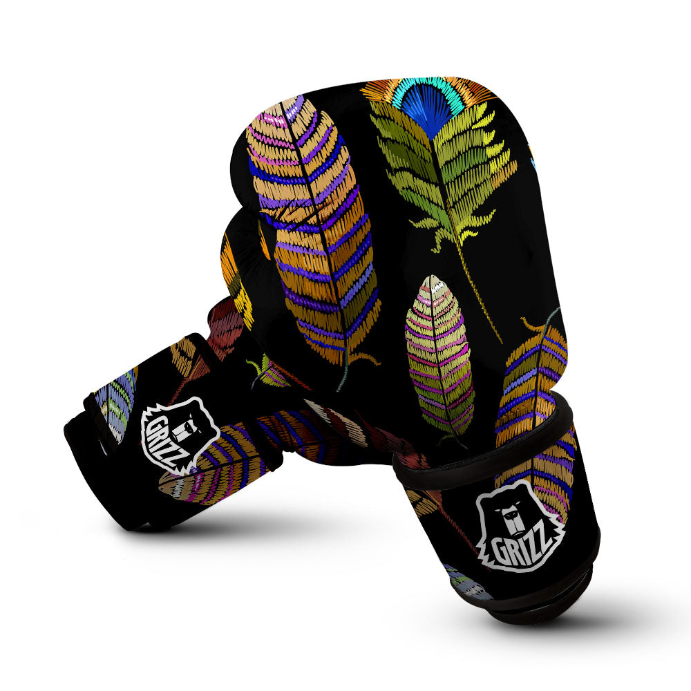 Feather Embroidery Peacock Print Boxing Gloves-grizzshop