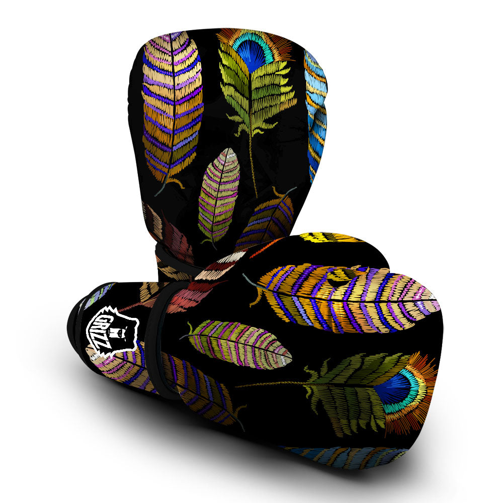 Feather Embroidery Peacock Print Boxing Gloves-grizzshop