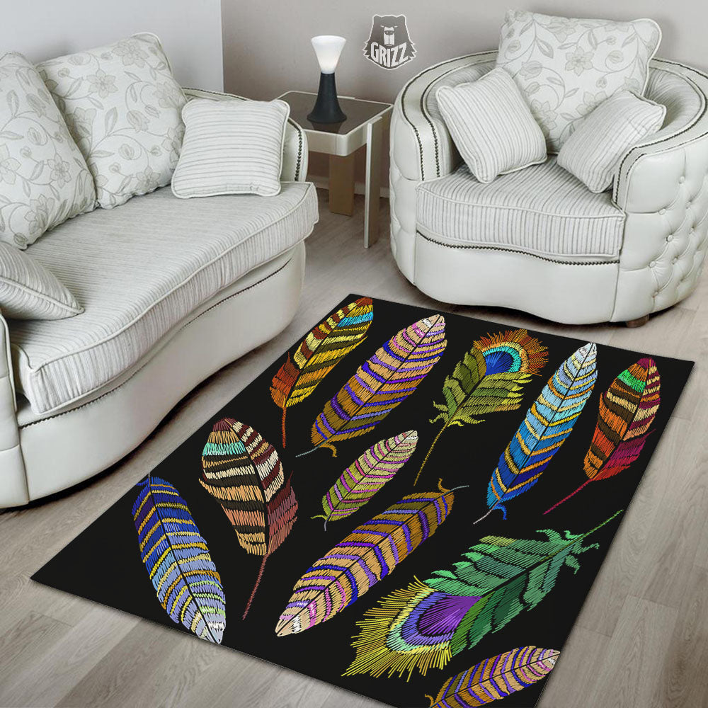 Feather Embroidery Peacock Print Floor Mat-grizzshop