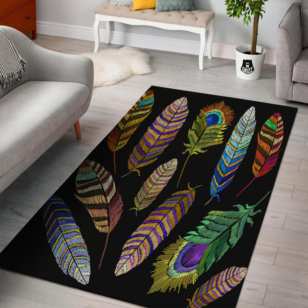 Feather Embroidery Peacock Print Floor Mat-grizzshop