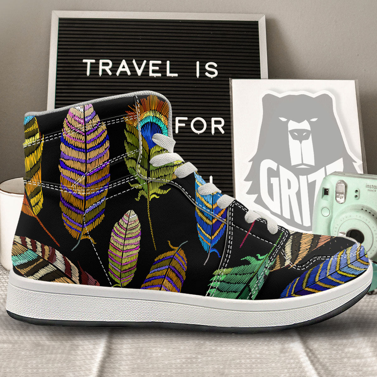 Feather Embroidery Peacock Print High Top Sneakers-grizzshop