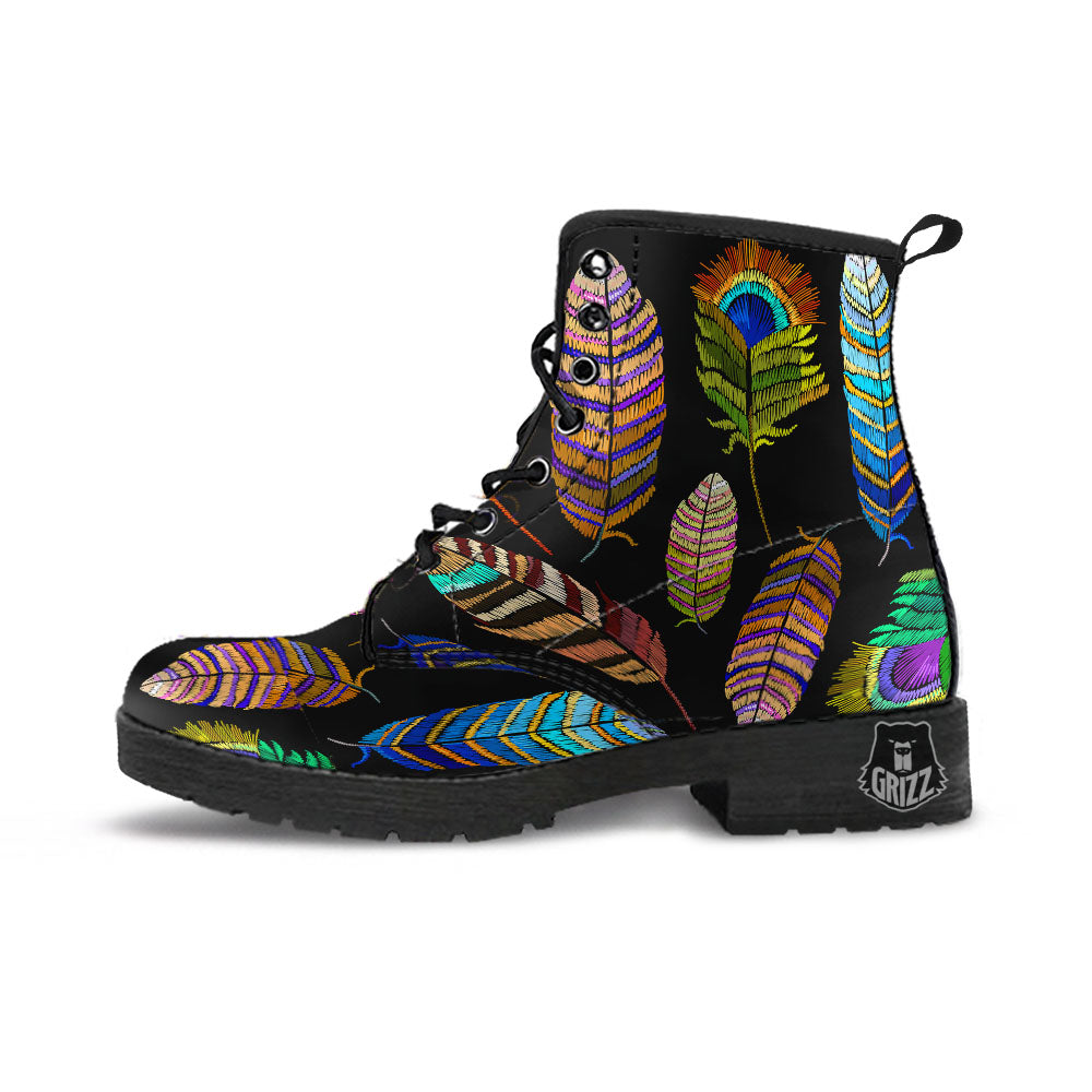 Feather Embroidery Peacock Print Leather Boots-grizzshop