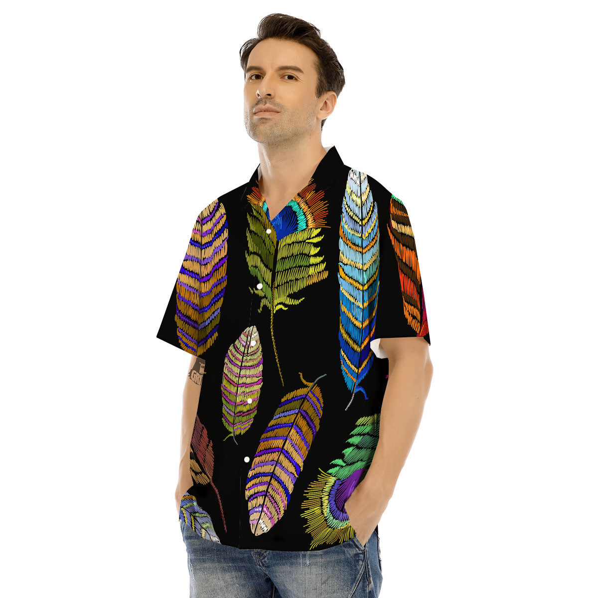 Feather Embroidery Peacock Print Men's Hawaiian Shirt-grizzshop