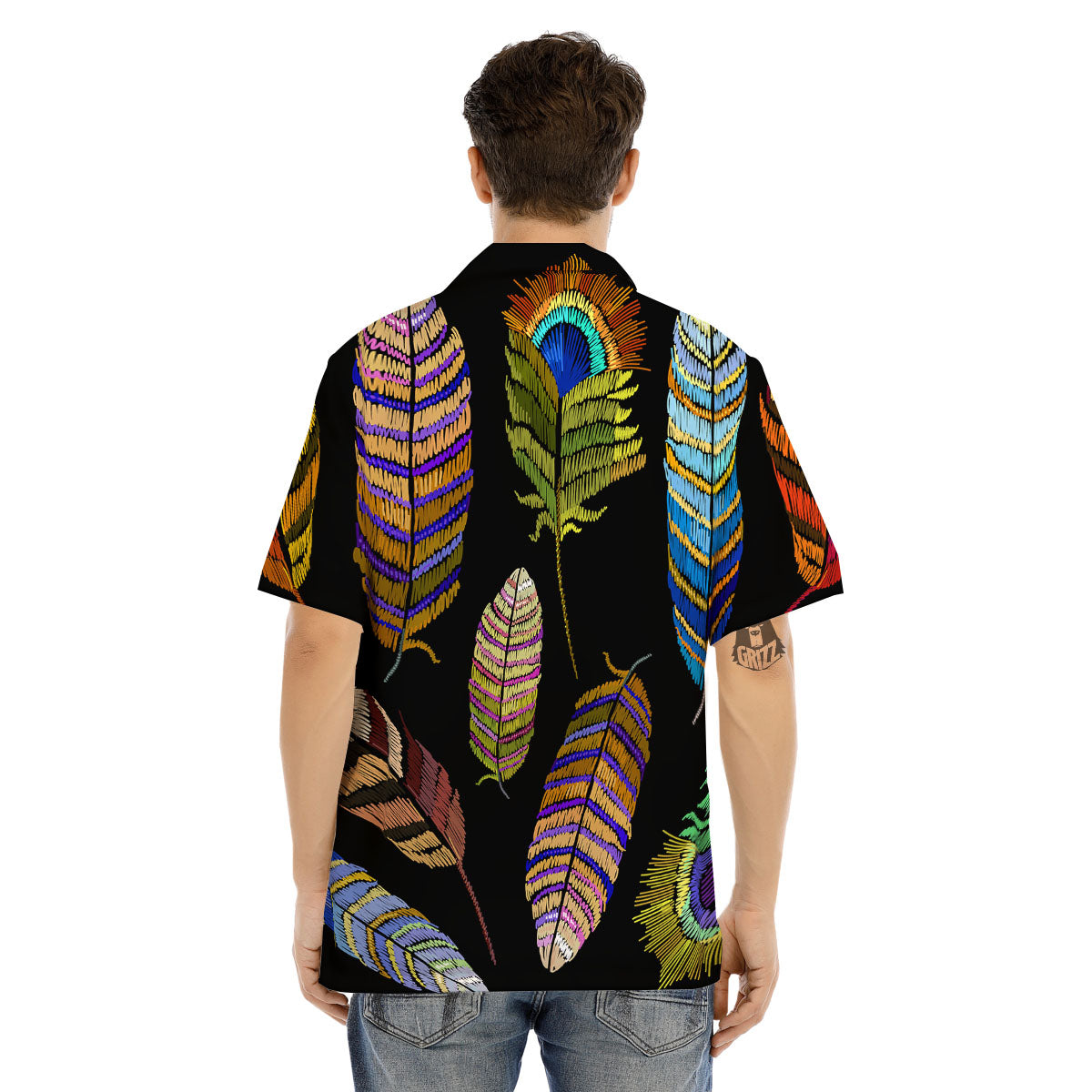 Feather Embroidery Peacock Print Men's Hawaiian Shirt-grizzshop
