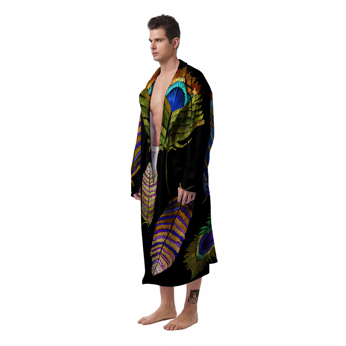 Feather Embroidery Peacock Print Men's Robe-grizzshop