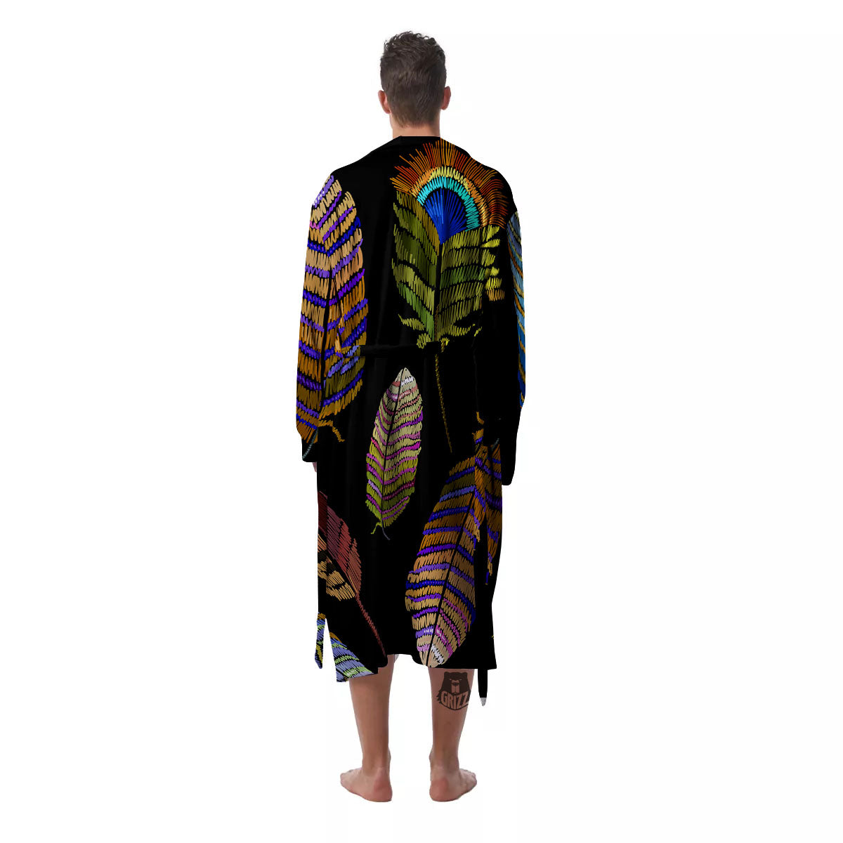 Feather Embroidery Peacock Print Men's Robe-grizzshop