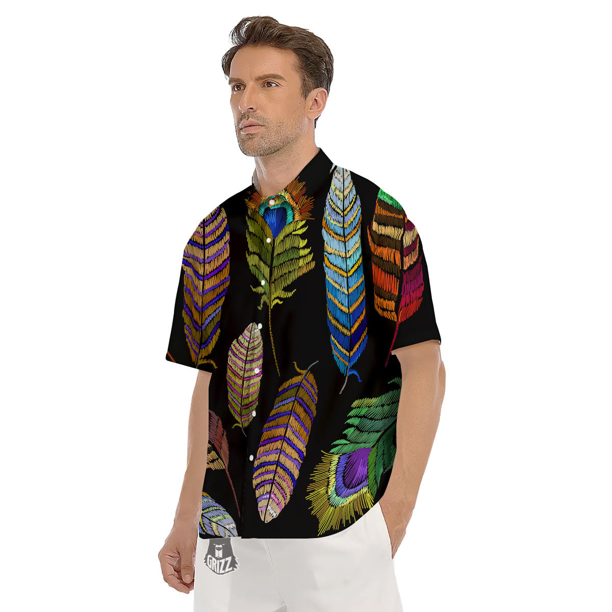 Feather Embroidery Peacock Print Men's Short Sleeve Shirts-grizzshop