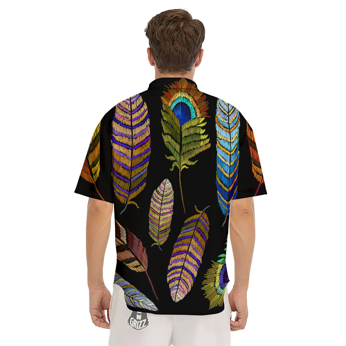 Feather Embroidery Peacock Print Men's Short Sleeve Shirts-grizzshop