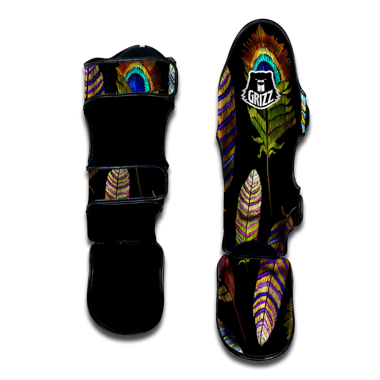 Feather Embroidery Peacock Print Muay Thai Shin Guards-grizzshop