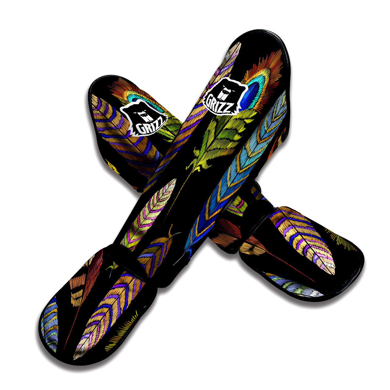 Feather Embroidery Peacock Print Muay Thai Shin Guards-grizzshop