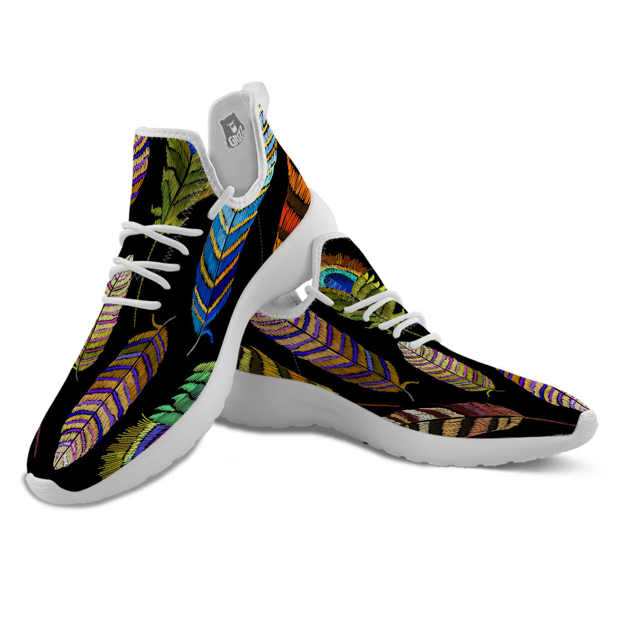 Feather Embroidery Peacock Print White Athletic Shoes-grizzshop