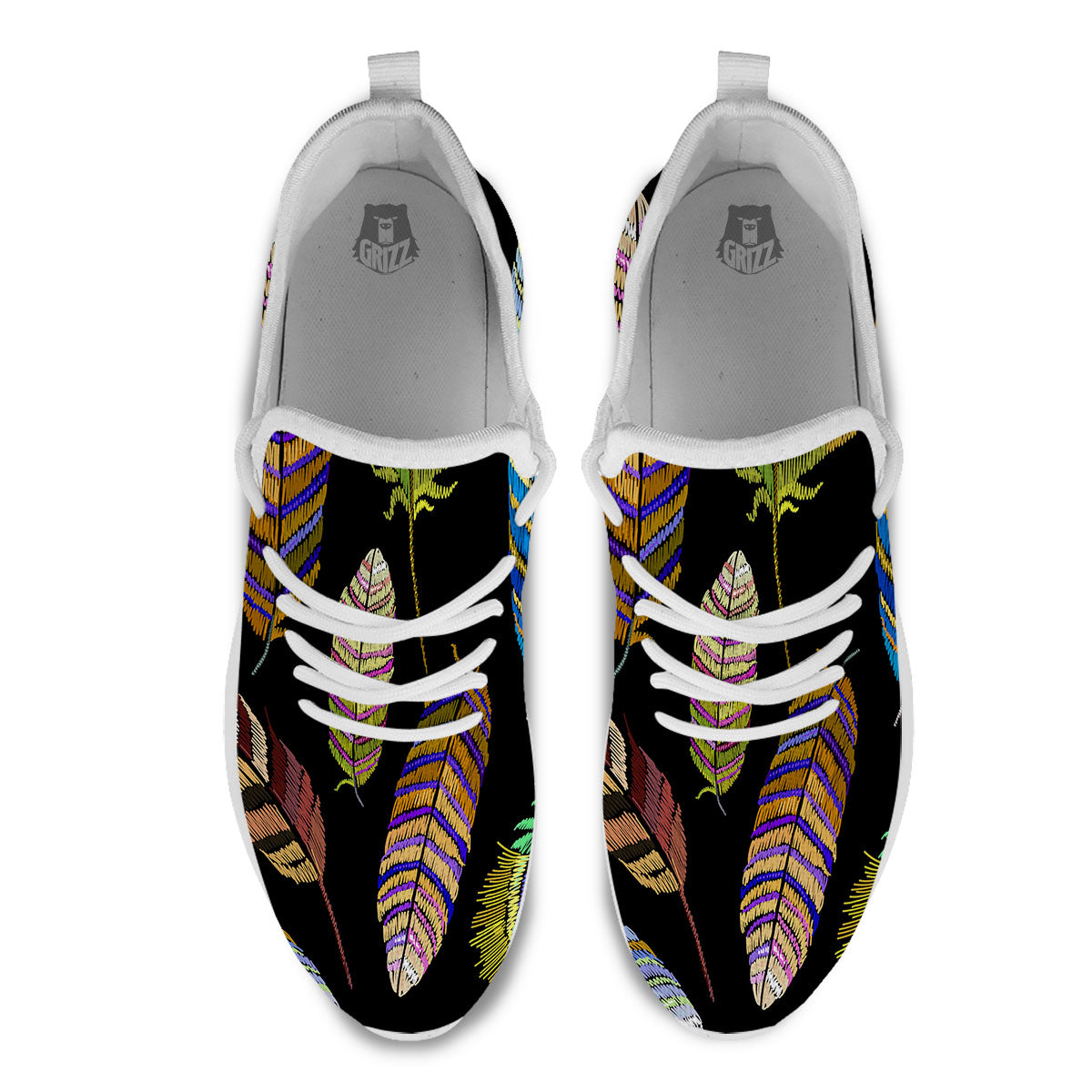 Feather Embroidery Peacock Print White Athletic Shoes-grizzshop