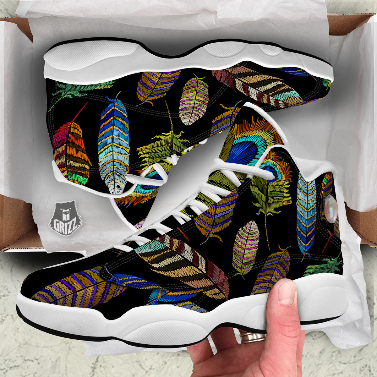 Feather Embroidery Peacock Print White Basketball Shoes-grizzshop