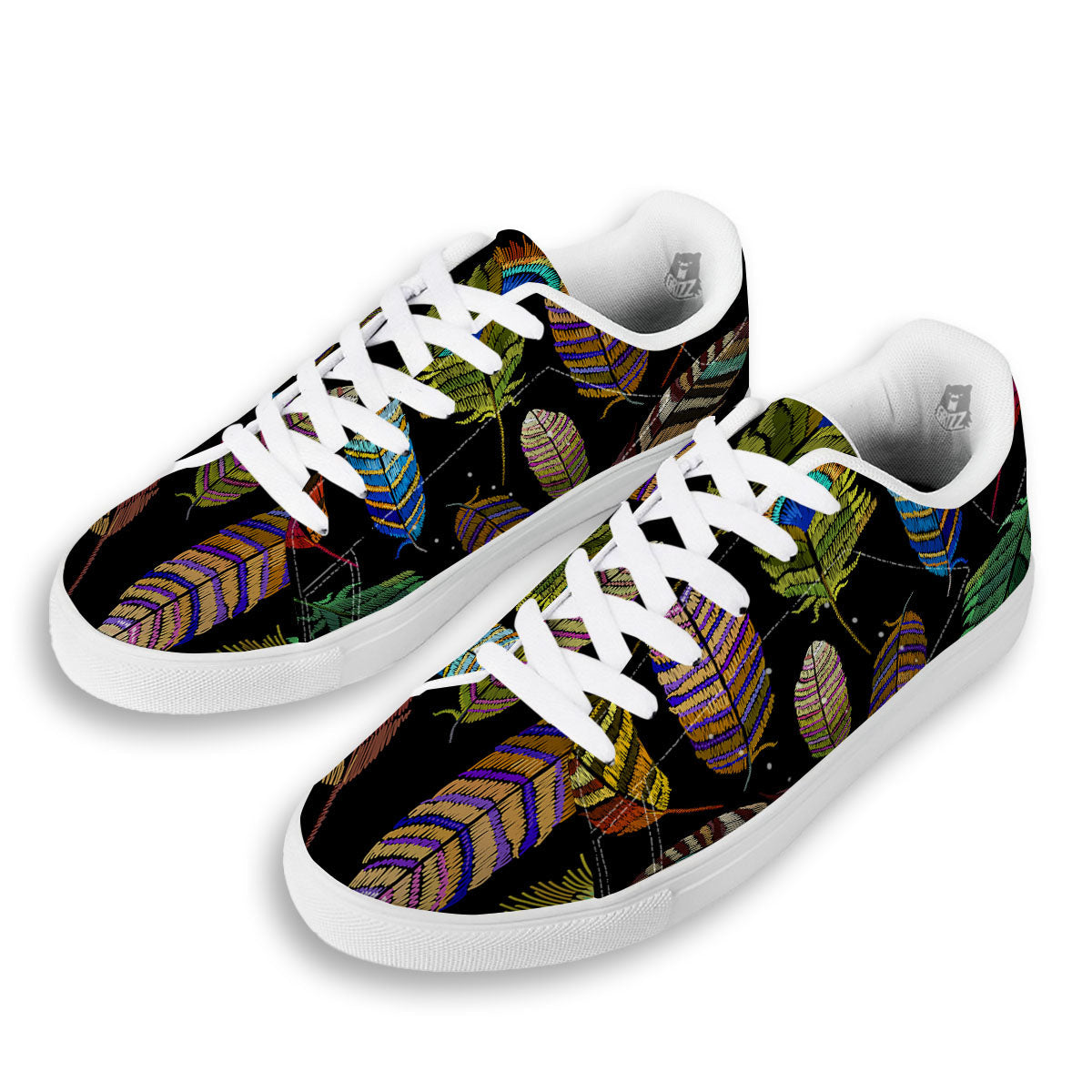 Feather Embroidery Peacock Print White Low Top Sneakers-grizzshop