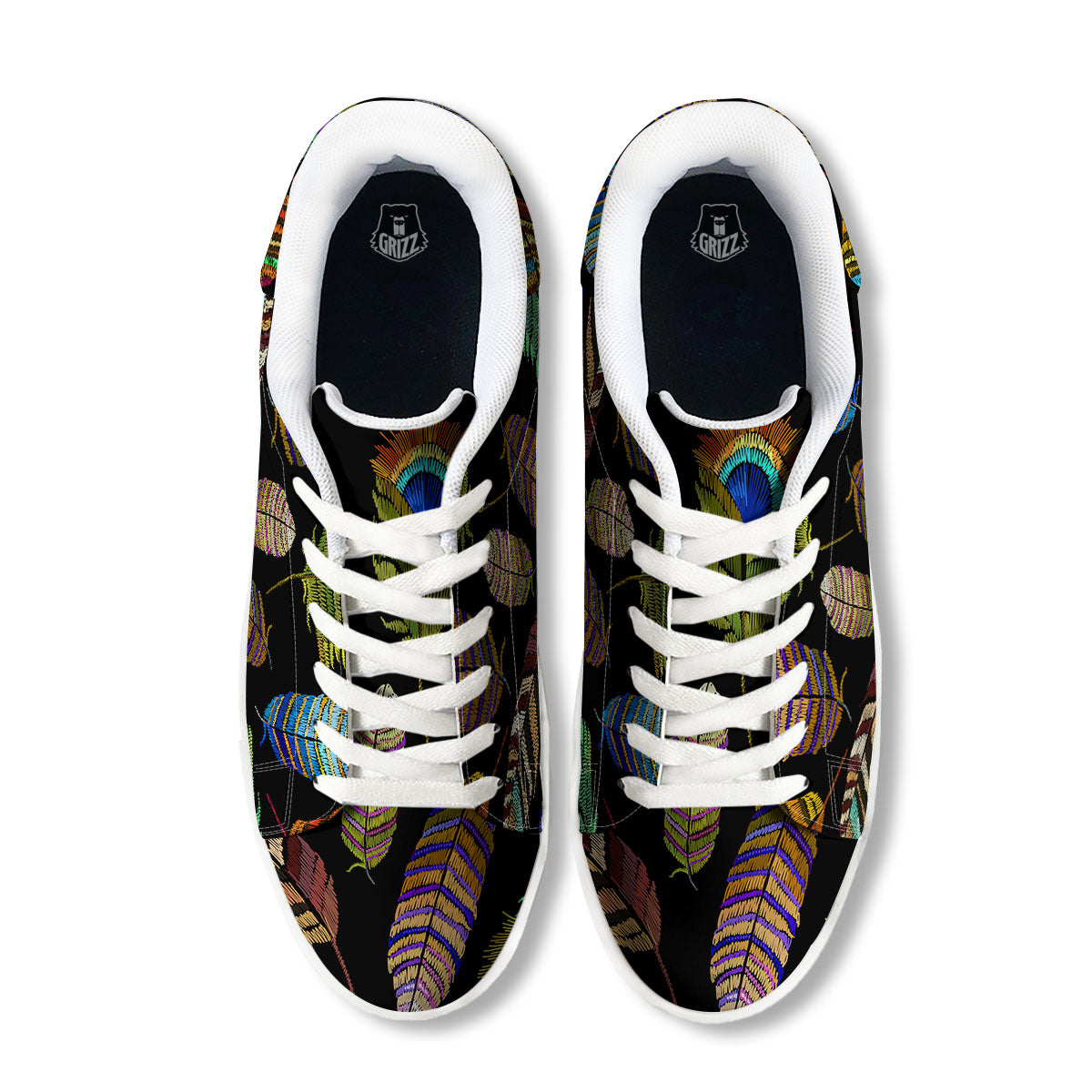 Feather Embroidery Peacock Print White Low Top Sneakers-grizzshop