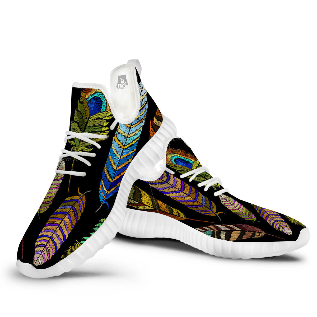 Feather Embroidery Peacock Print White Walking Shoes-grizzshop
