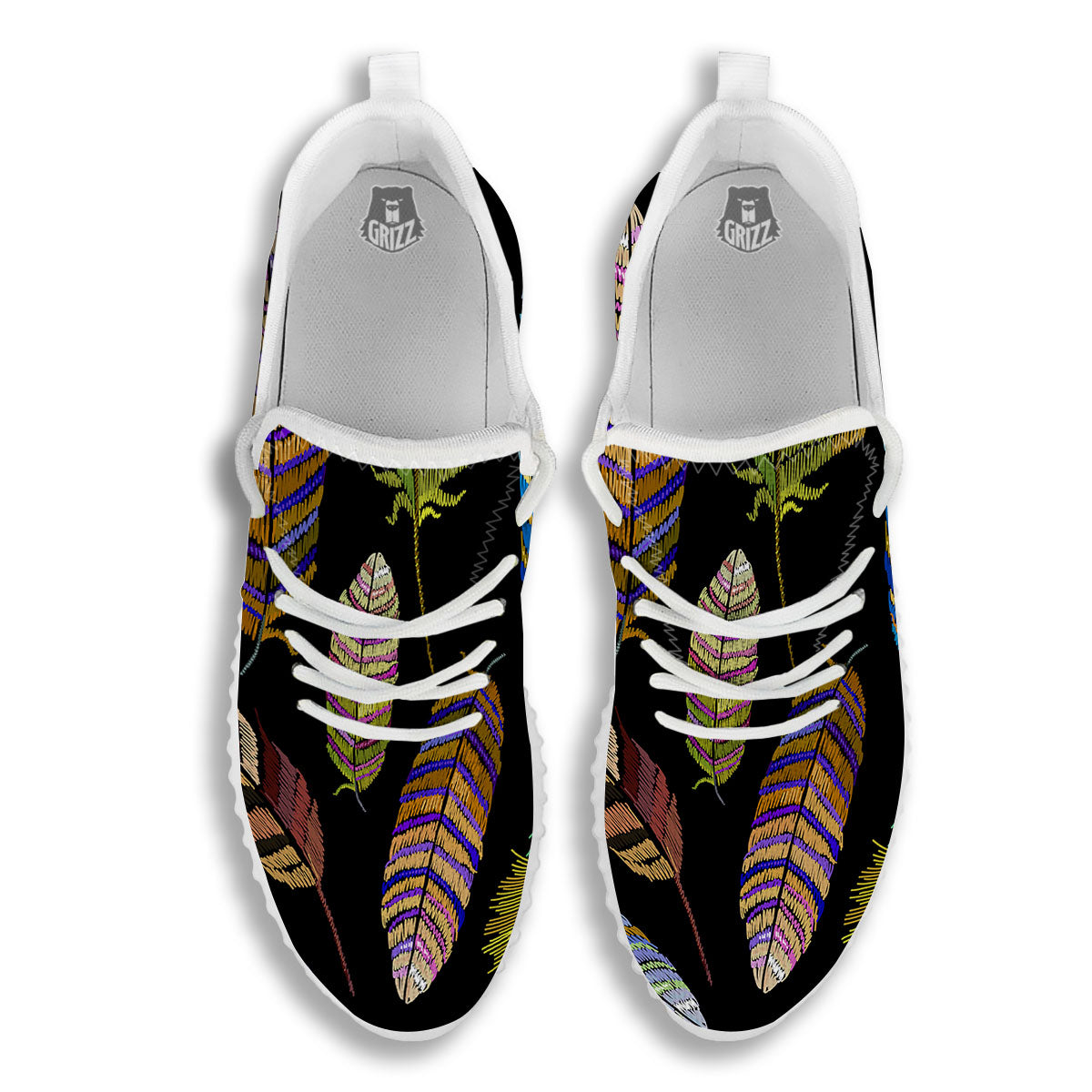 Feather Embroidery Peacock Print White Walking Shoes-grizzshop