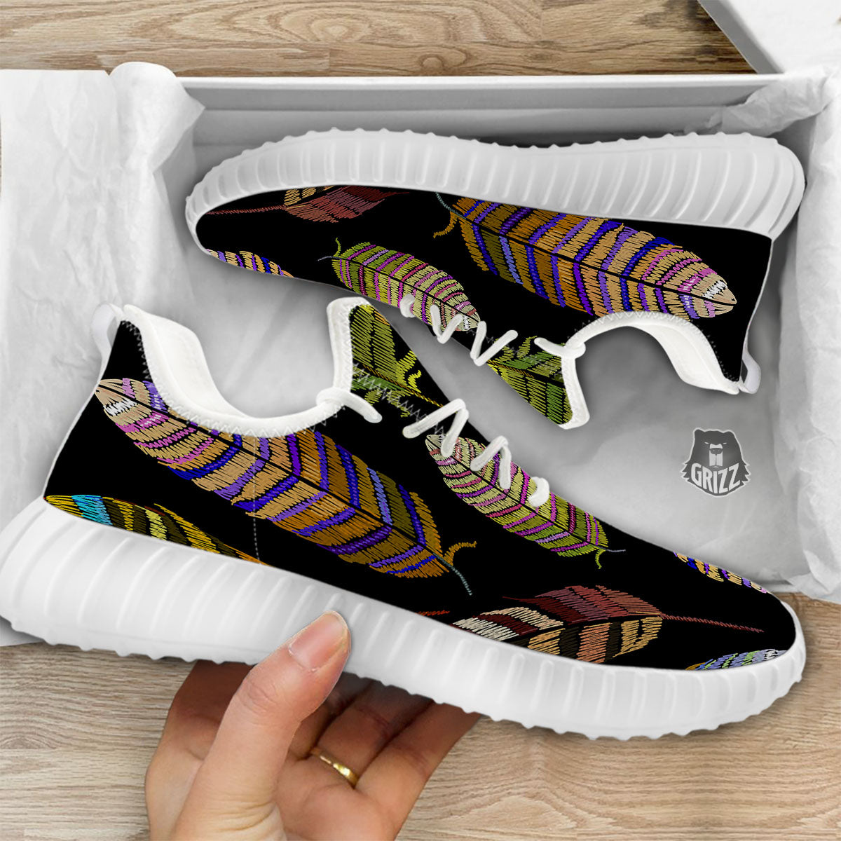 Feather Embroidery Peacock Print White Walking Shoes-grizzshop