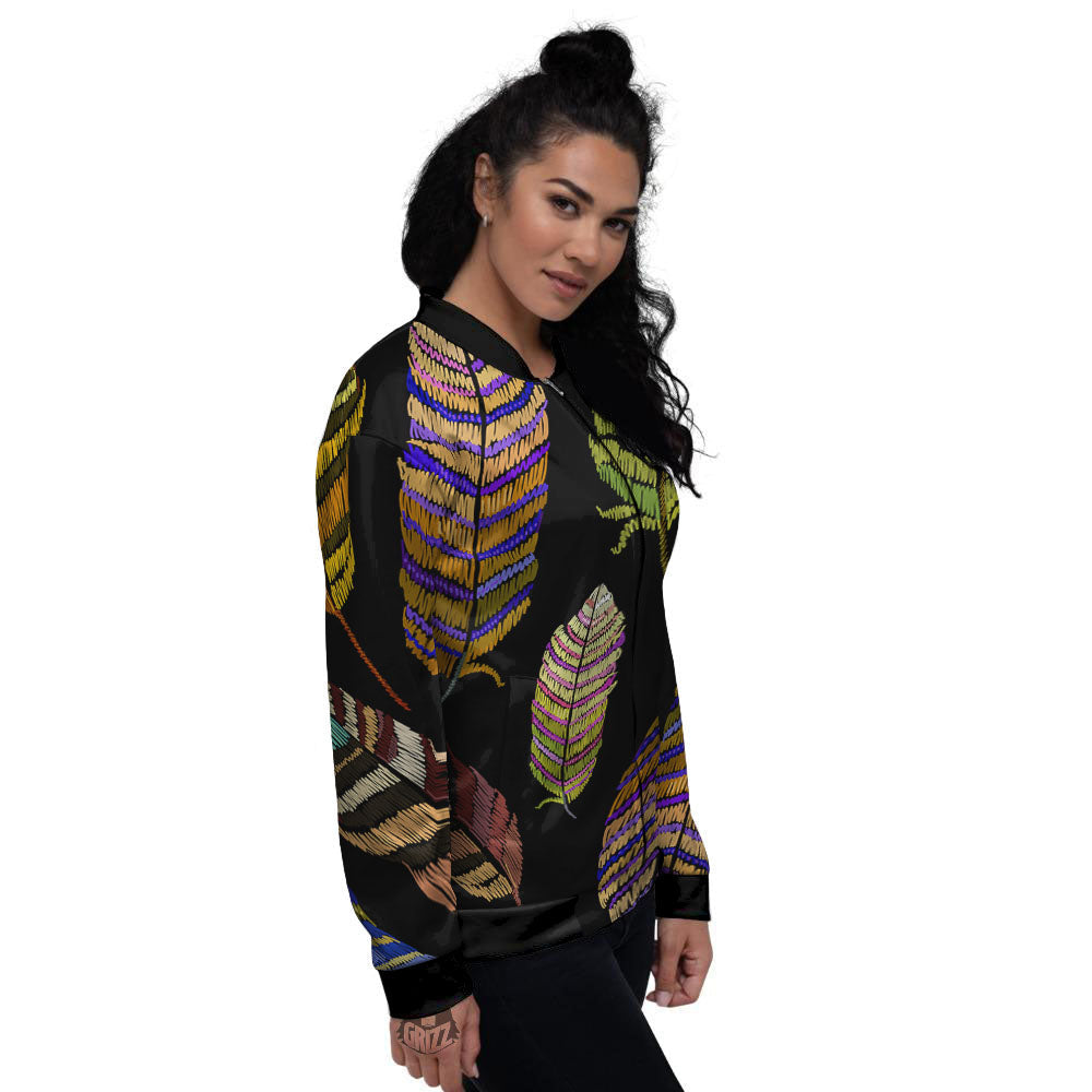 Feather Embroidery Peacock Print Women's Bomber Jacket-grizzshop