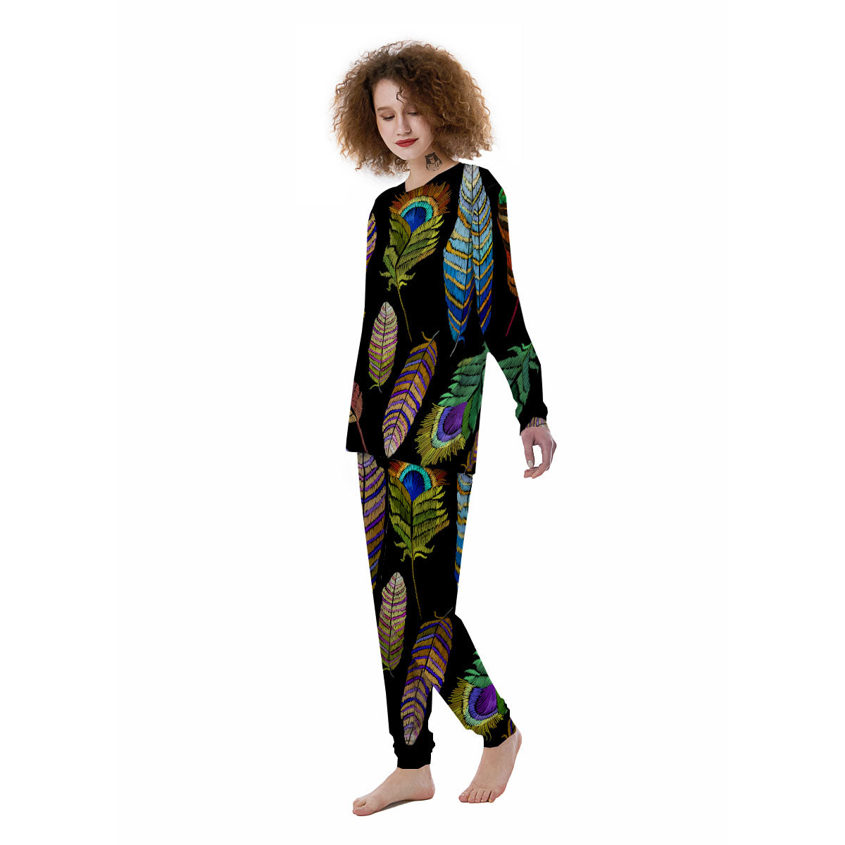 Feather Embroidery Peacock Print Women's Pajamas-grizzshop