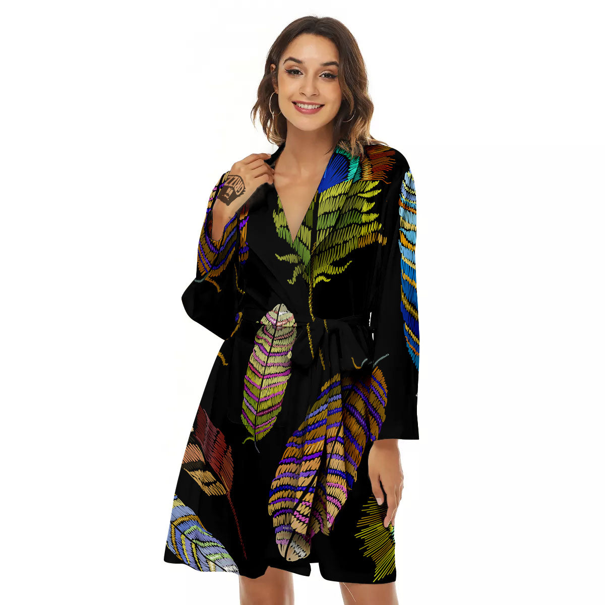 Feather Embroidery Peacock Print Women's Robe-grizzshop