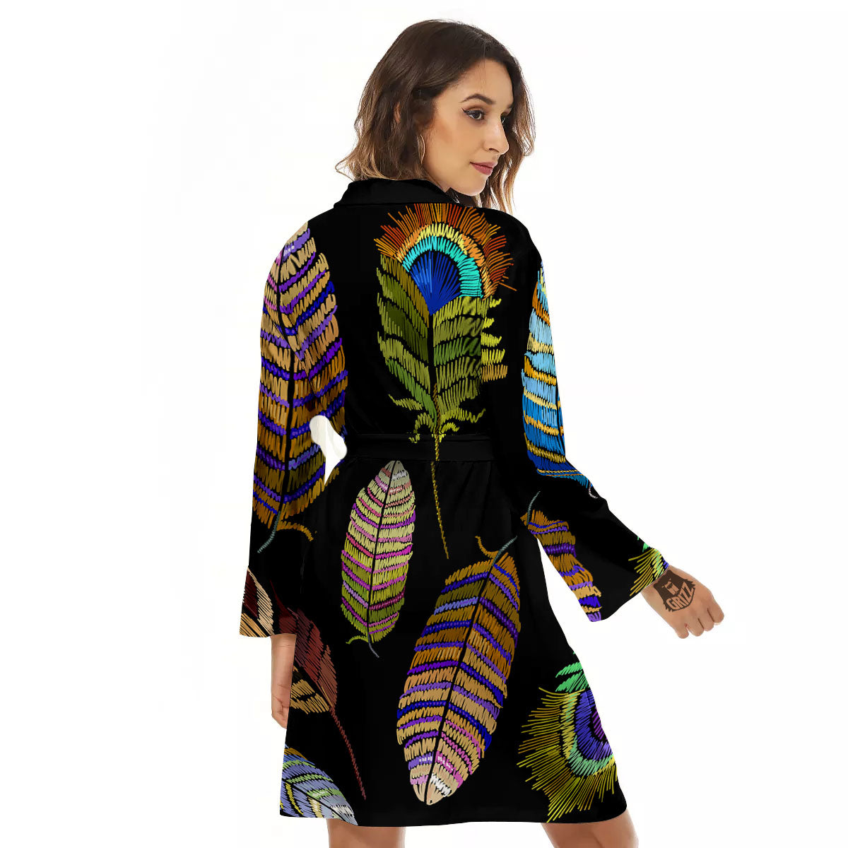 Feather Embroidery Peacock Print Women's Robe-grizzshop