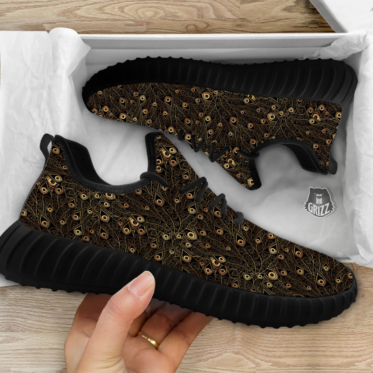 Feather Gold And Black Print Pattern Black Walking Shoes-grizzshop