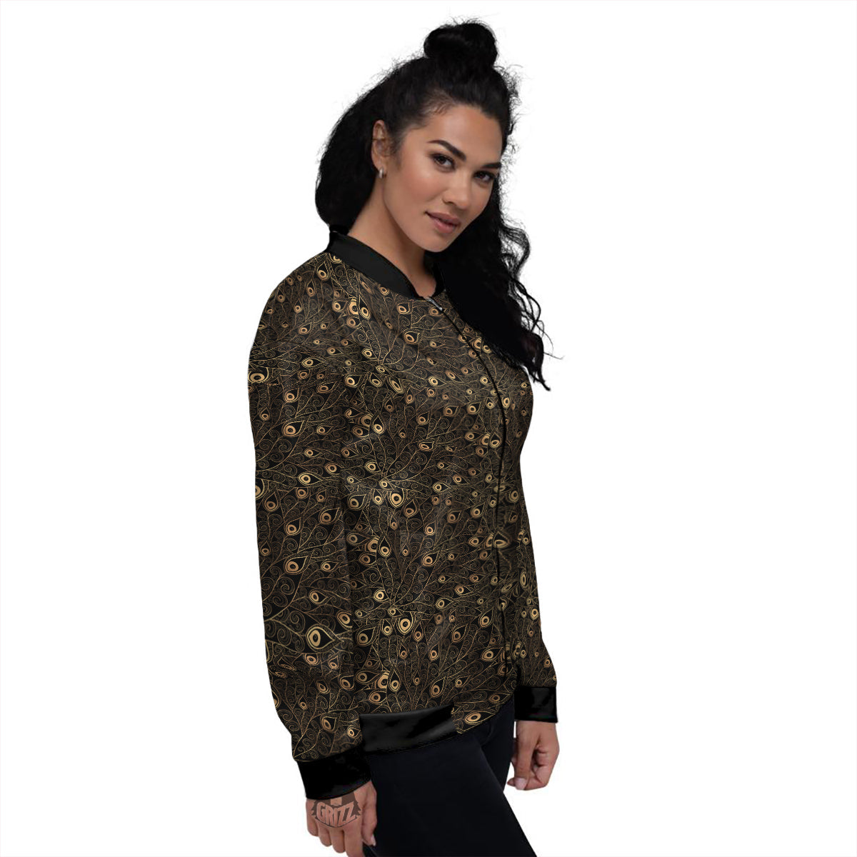 Feather Gold And Black Print Pattern Women's Bomber Jacket-grizzshop