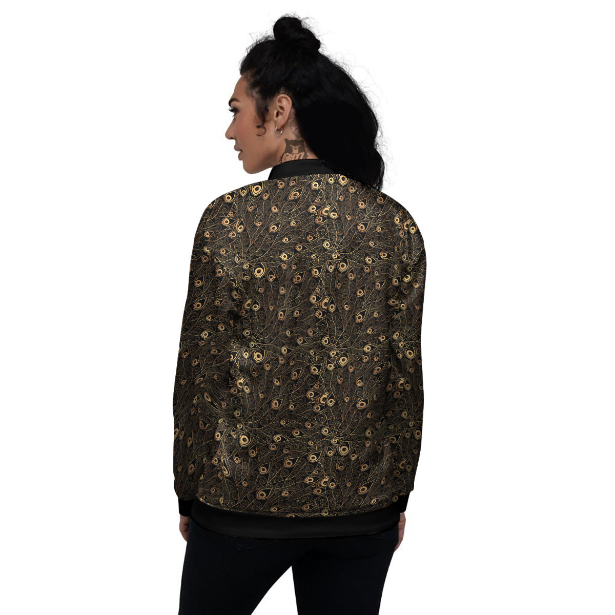 Feather Gold And Black Print Pattern Women's Bomber Jacket-grizzshop