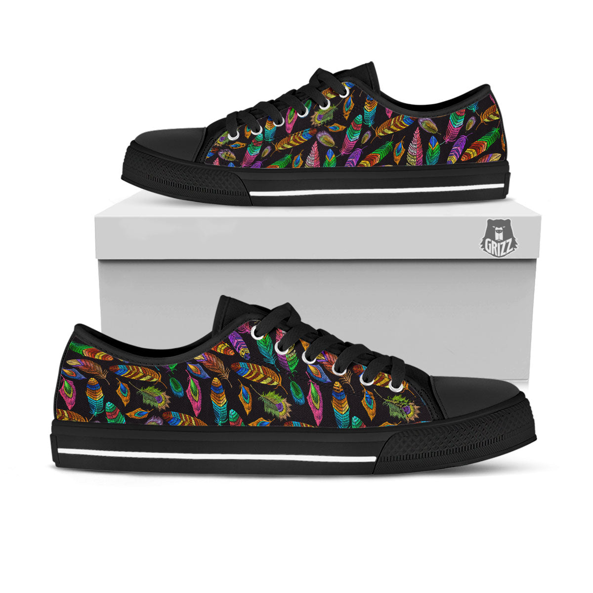 Feather Native Print Pattern Black Low Top Shoes-grizzshop