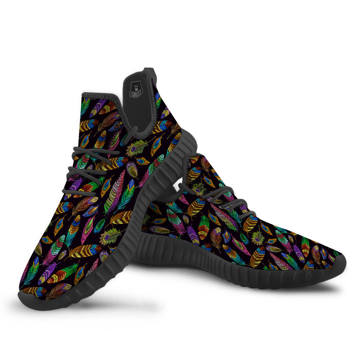 Feather Native Print Pattern Black Walking Shoes-grizzshop