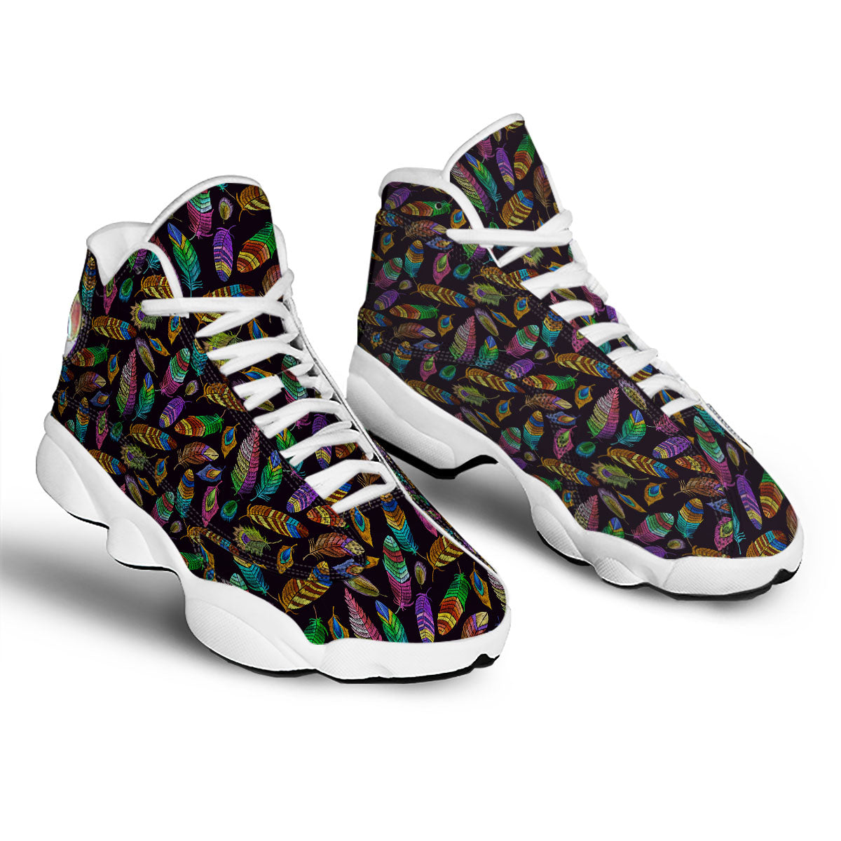 Feather Native Print Pattern White Basketball Shoes-grizzshop