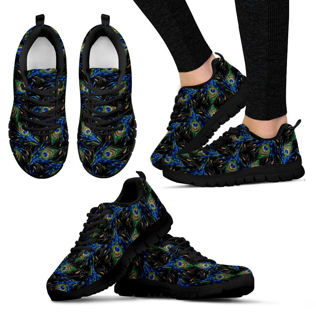 Feather Peacock Pattern Print Black Sneaker Shoes For Men Women-grizzshop