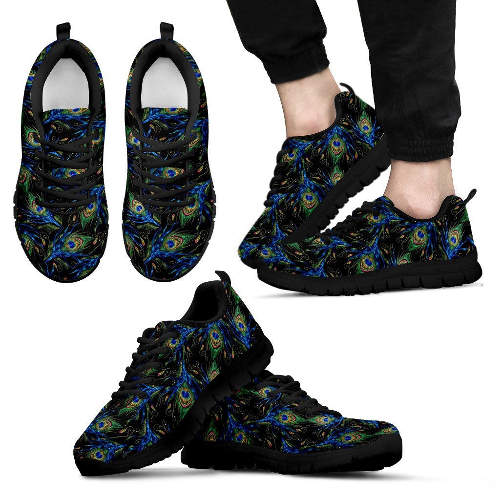Feather Peacock Pattern Print Black Sneaker Shoes For Men Women-grizzshop