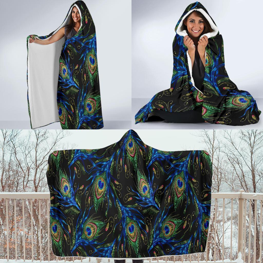 Feather Peacock Pattern Print Hooded Blanket-grizzshop