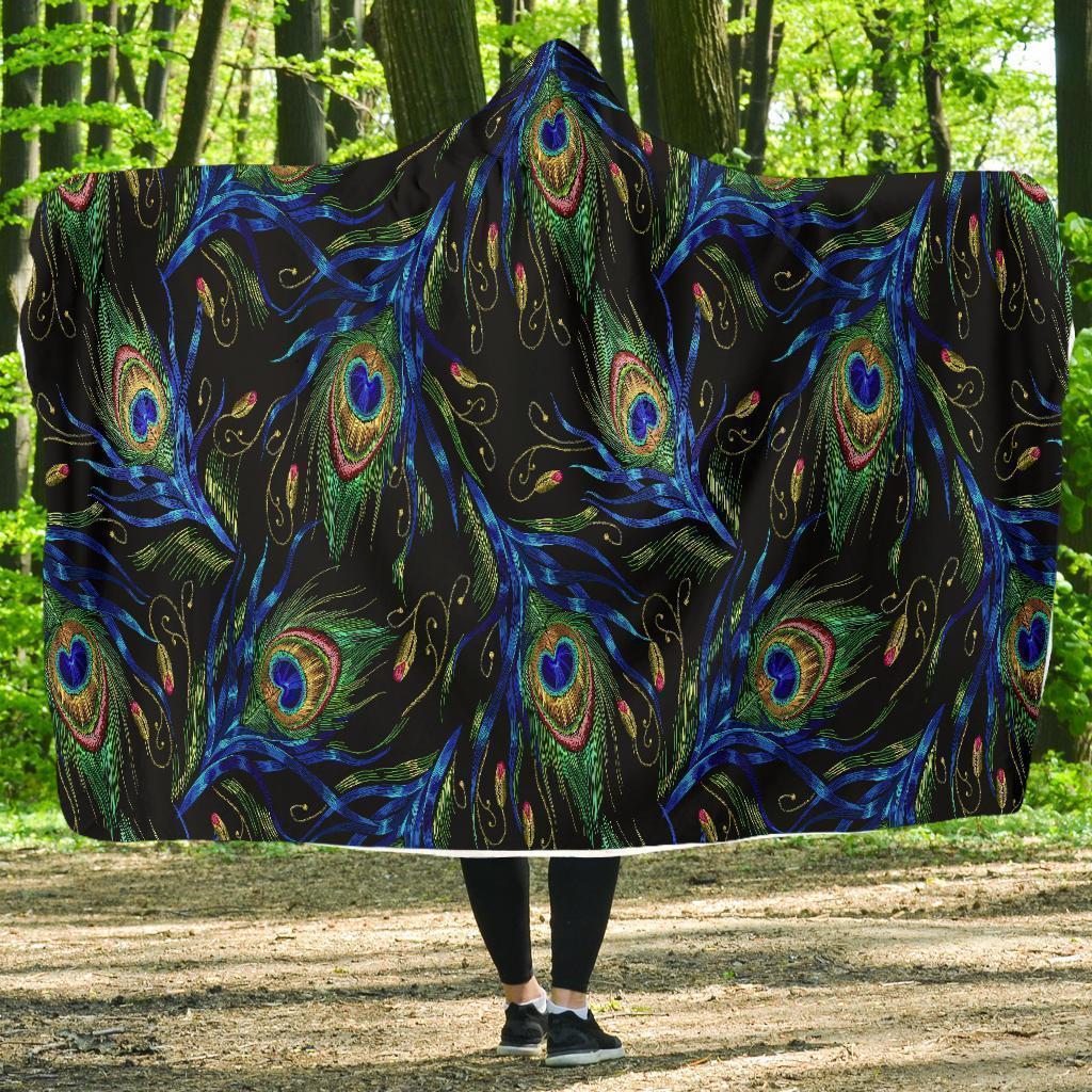 Feather Peacock Pattern Print Hooded Blanket-grizzshop
