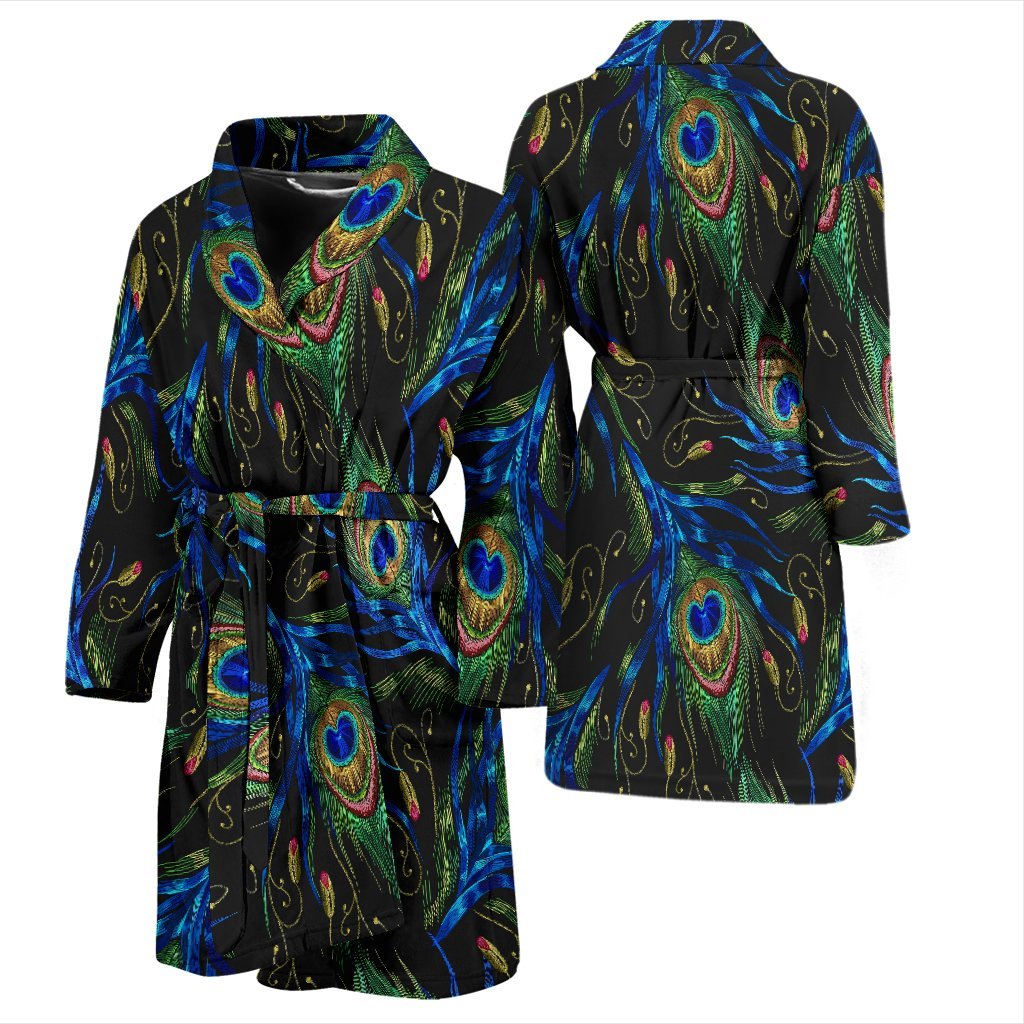 Feather Peacock Pattern Print Men Long Robe-grizzshop