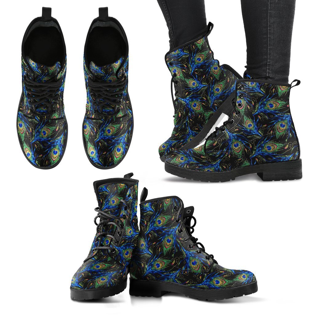 Feather Peacock Pattern Print Men Women Leather Boots-grizzshop