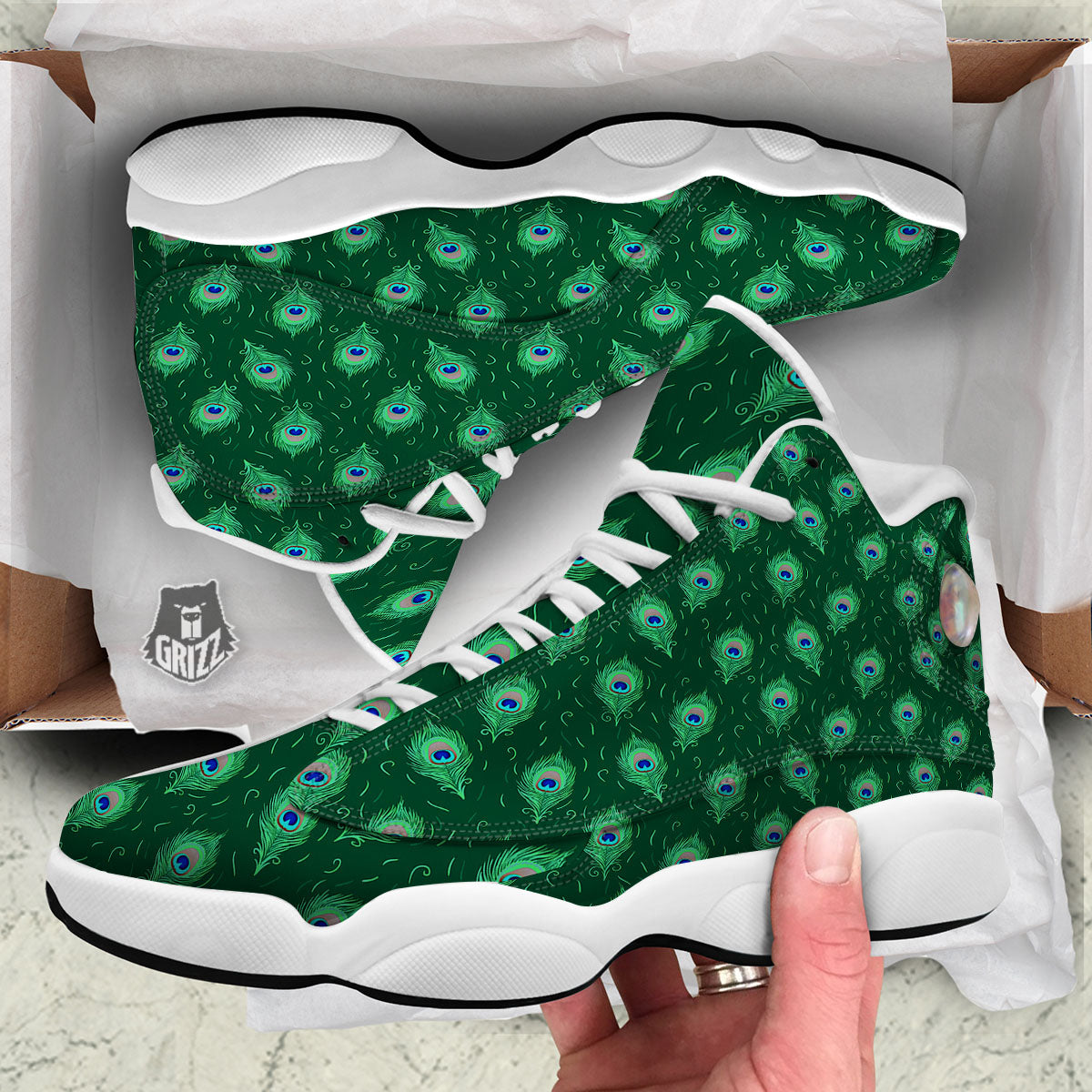 Feather Peacock Print Pattern White Basketball Shoes-grizzshop