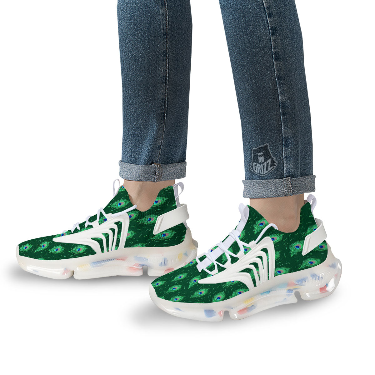 Feather Peacock Print Pattern White Gym Shoes-grizzshop
