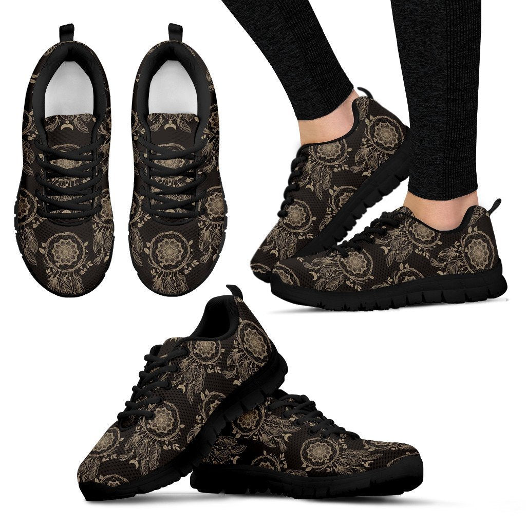 Feather Vintage Dream Catcher Pattern Print Black Sneaker Shoes For Men Women-grizzshop