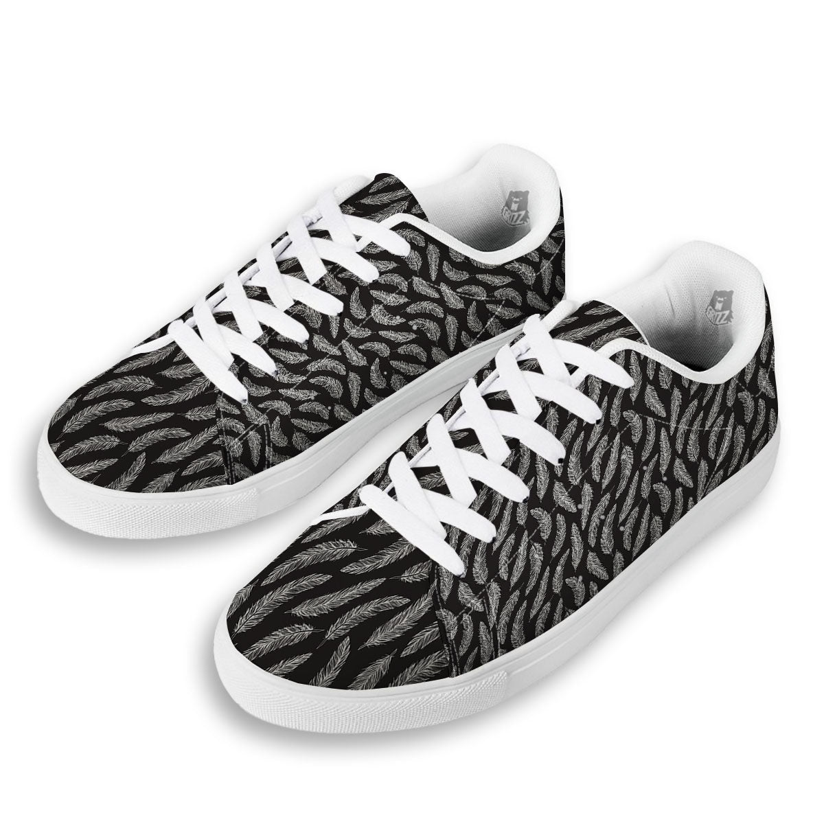 Feather White And Black Print Pattern White Low Top Sneakers-grizzshop